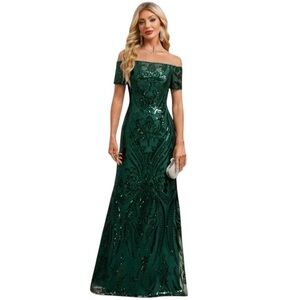 JJ's House Off-Shoulder Evening Dress Size 6 Dark Green Sequins Prom Wedding NWT